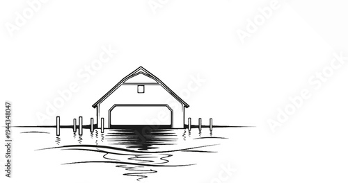 Boathouse with open doors reflected in rippling water, dock pilings
