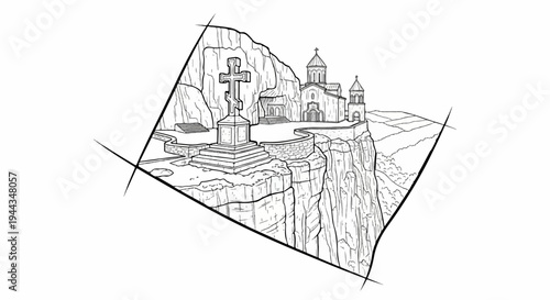 Ancient monastery perched precariously on a rugged cliffside, overlooking rolling hills