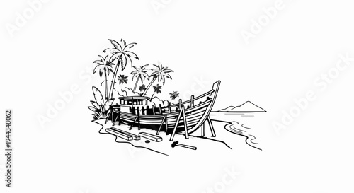 Boat under construction on a tropical beach with palm trees
