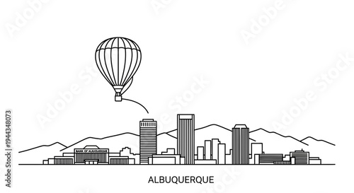 Albuquerque Skyline with Hot Air Balloon Flying Over Mountains