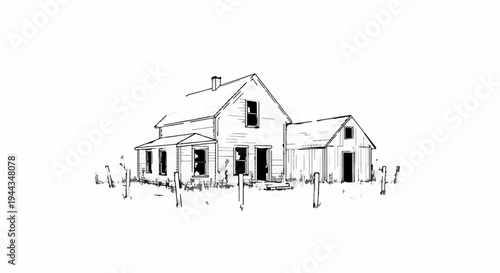 An old, weathered, two-story wooden house with a small attached shed