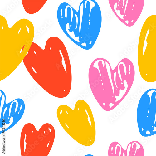 Children's pattern, on a white background, hand-drawn doodles, pencil and pen. Bright colored hearts. Suitable for holidays, textile printing, packaging, wrapping. Textured illustration, cute naive 
