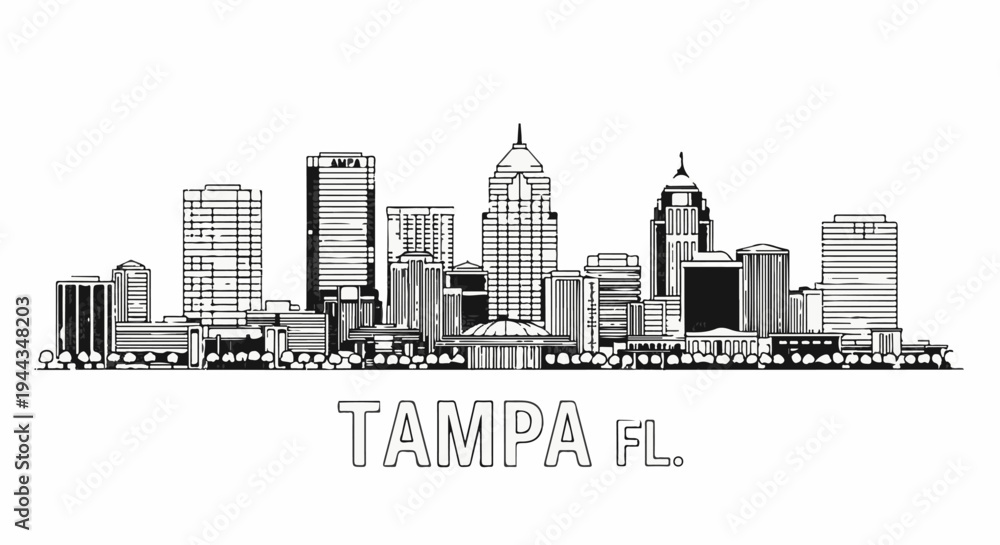 Obraz premium Black and white skyline illustration of a city with a domed building