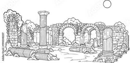 Ancient ruined stone structure with fallen columns and arched doorways