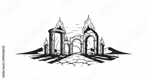 Ancient ruins with flames rising from crumbling columns in a desert landscape