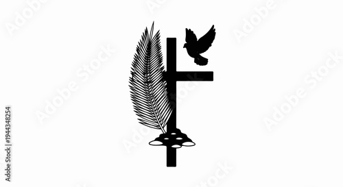 Black silhouette of a cross with palm frond and dove