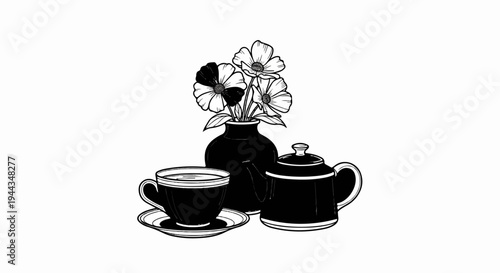 Black and white still life of a teapot, cup, and flowers in a vase