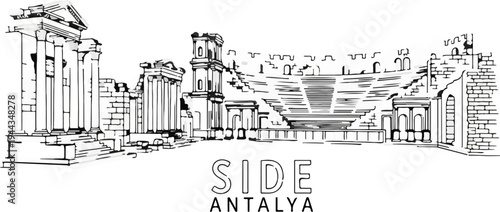 Ancient ruins with a grand amphitheater, stone columns, and text