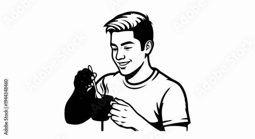 Black and white illustration of a young man enjoying a hot drink with a spoon