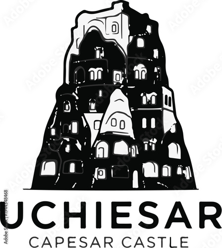 Black and white stylized illustration of cave dwellings carved into a rocky formation