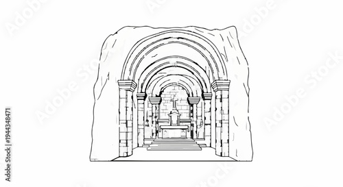 Ancient stone archway leads to a stone altar and cross