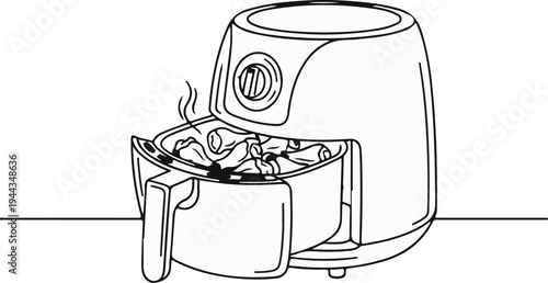 Black and white illustration of an air fryer filled with chicken wings and steaming