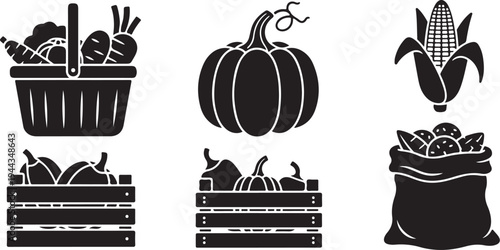 Harvest icons including pumpkins, corn, and vegetables in baskets