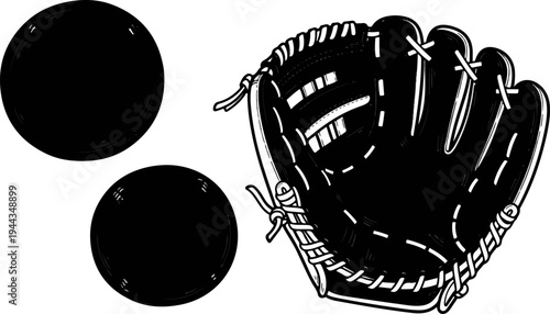 Black baseball glove and two baseballs on white background