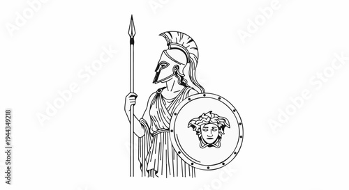 Ancient warrior woman with spear and Gorgon shield