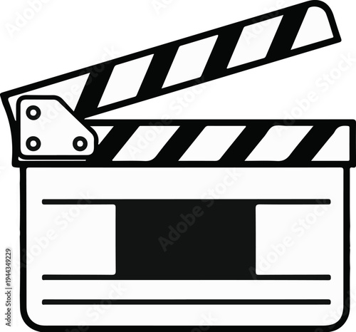 Black and white illustration of an open movie clapboard with diagonal stripes