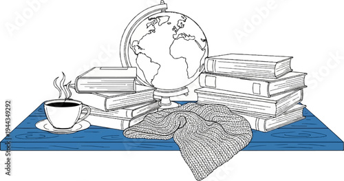 Books, globe, steaming cup, and knitted blanket on wooden shelf