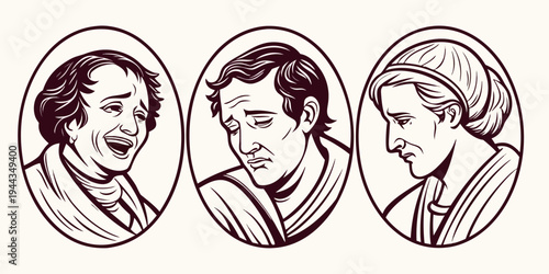 Three stylized human faces in profile view with varying expressions and hairstyles