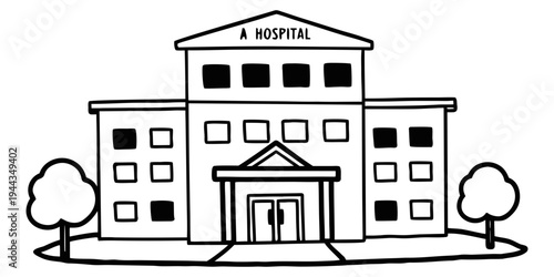 A detailed black and white illustration of a large, multi-story building with a grand entrance and columns