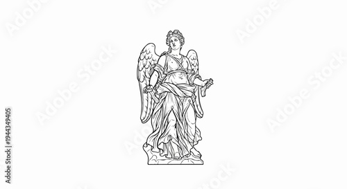 Angelic figure with draped clothing, wings, and holding objects