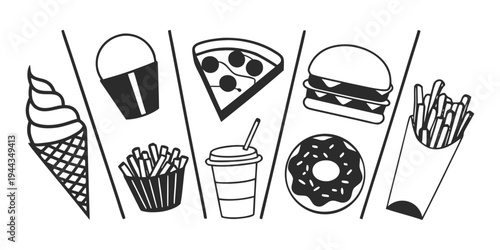 Assorted food items including pizza, ice cream, popcorn, and more in various containers