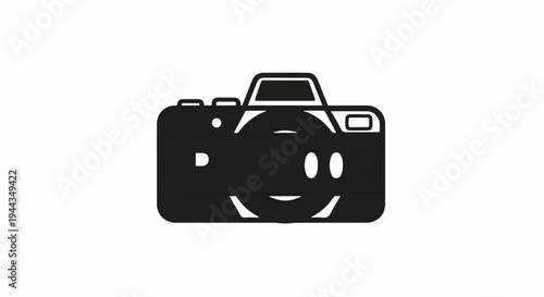 Black camera icon with a smiley face and two oval eyes on white background