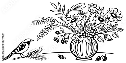 A small bird perched on a branch next to a vase filled with colorful flowers