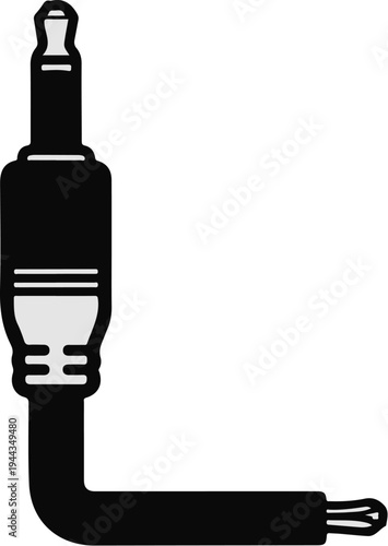 Angled audio connector with black body and gray accents for connectivity