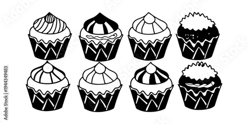 Assorted cupcakes with different toppings and decorations in a row