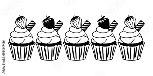 Five cupcakes with different toppings arranged in a row