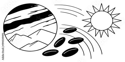 A detailed illustration of a sun, clouds, and raindrops