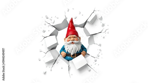 Garden gnome breaking through cracked wall with playful expression and vibrant colors