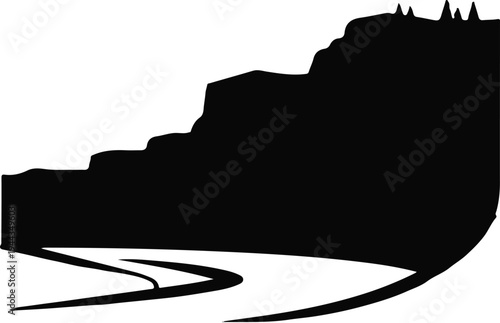Black silhouette of a winding river flowing past tiered cliffs and conical trees