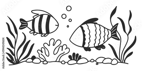 Two tropical fish swimming in a vibrant coral reef environment with bubbles