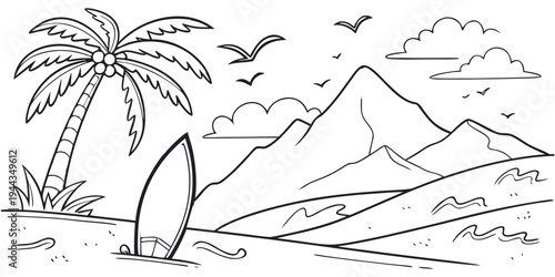 A serene beach scene with palm trees, mountains, and a surfboard on the sand
