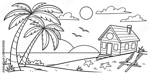 A tranquil scene of a small house nestled among palm trees on a sunny beach