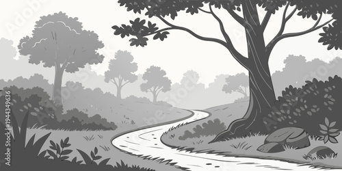 A winding path leads through a serene forest with tall trees and lush greenery