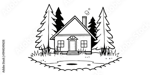 A charming two-story house with a sloped roof nestled among tall pine trees