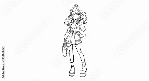 Anime style girl with headphones, skirt, and platform boots