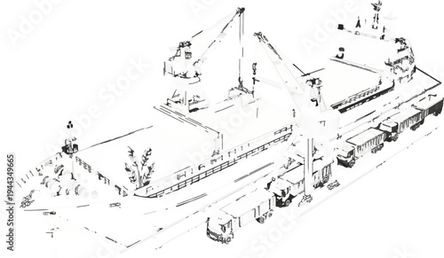 An industrial dock scene with a cargo ship, cranes, and trucks