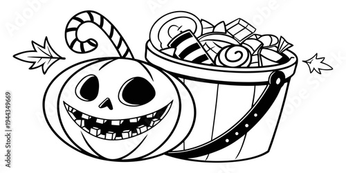 A cheerful jack-o-lantern with a bucket of candy on its head