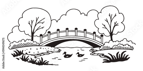 A charming illustration of a stone bridge over a serene river in a lush park setting