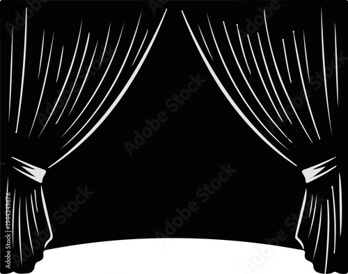 Black stage curtains pulled open revealing a dark space, ready for a show