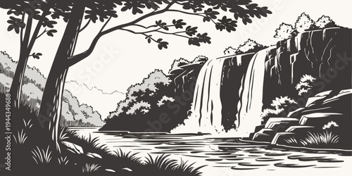 A serene waterfall cascades down a rocky cliff surrounded by lush trees in a forest.