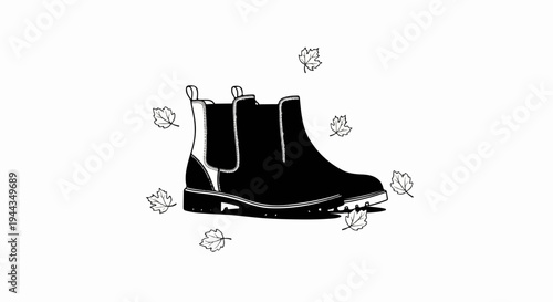 Black Chelsea boots with falling autumn leaves depicted in outline
