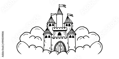 A detailed illustration of a medieval castle with a flag on top and a drawbridge.