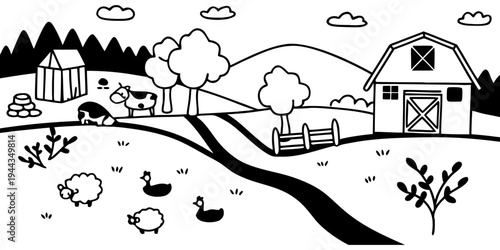 A detailed illustration of a farm with various animals and buildings in a rural setting