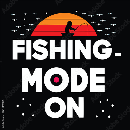 Silhouette of a person is fishing against orange sunset with birds and text