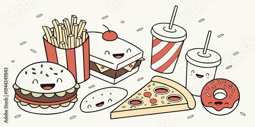 Assorted fast food items including burgers, fries, pizza, and drinks