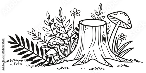 A detailed illustration of a tree stump with mushrooms and leaves around it